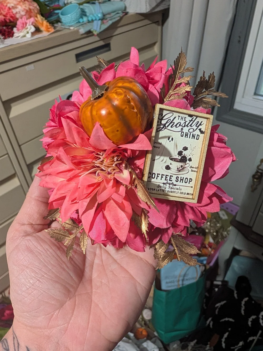 Pink Floral Pumpkin Hair Accent with Gold Leaves